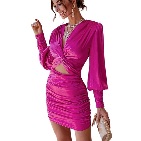 MABIBI Twist Front Pink Ruched Satin Dress L - Picture 1 of 5